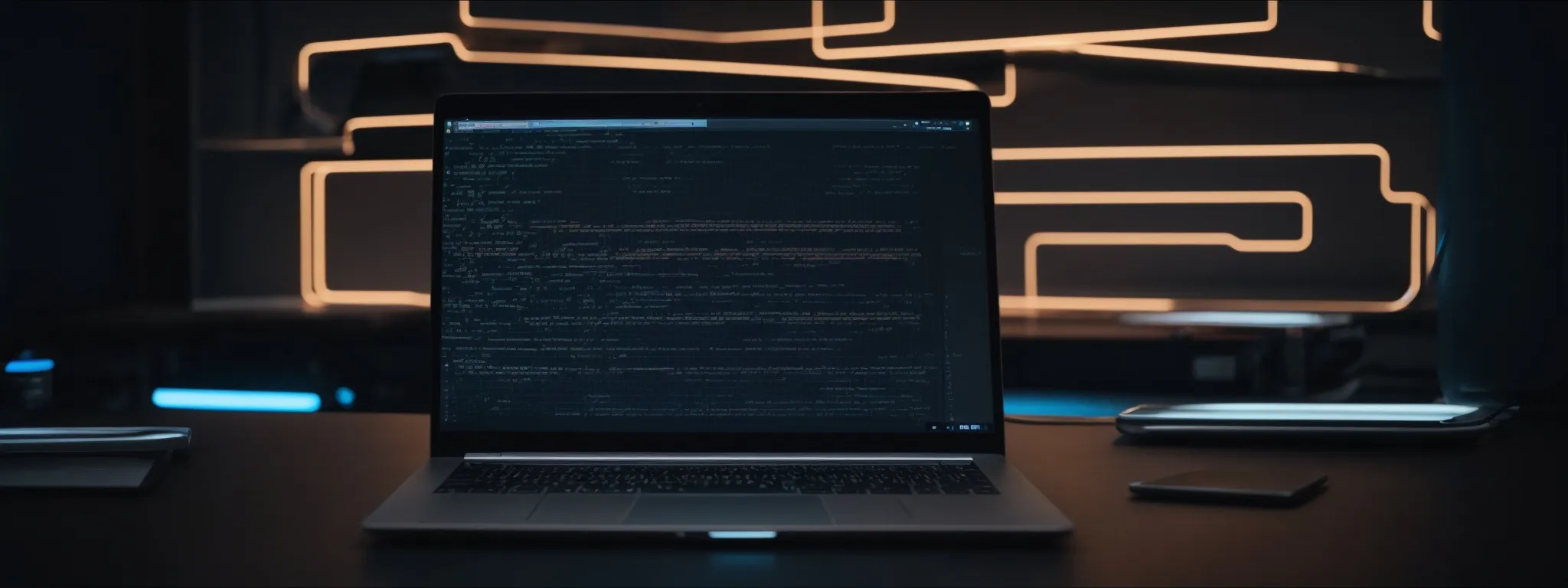 a wide-open laptop with glowing lines of code on its screen, standing on a sleek, futuristic desk.