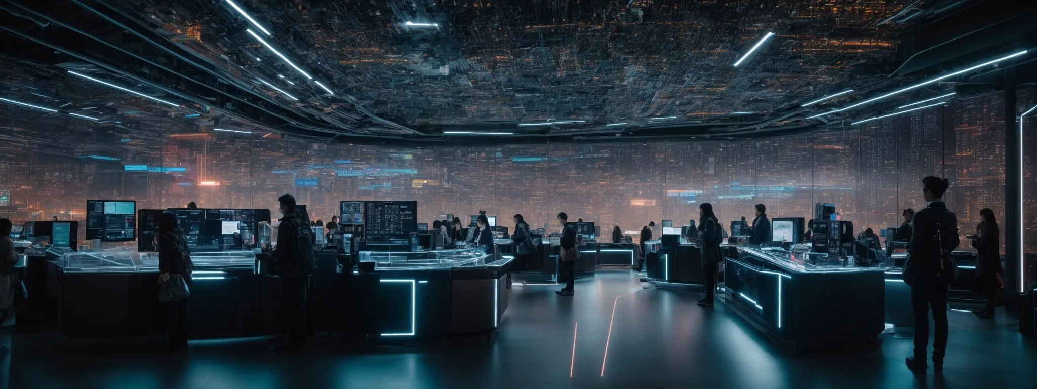 a futuristic ai hub bustling with interactive screens displaying flowing data and algorithmic patterns, symbolizing emma ai's relentless pursuit of knowledge.
