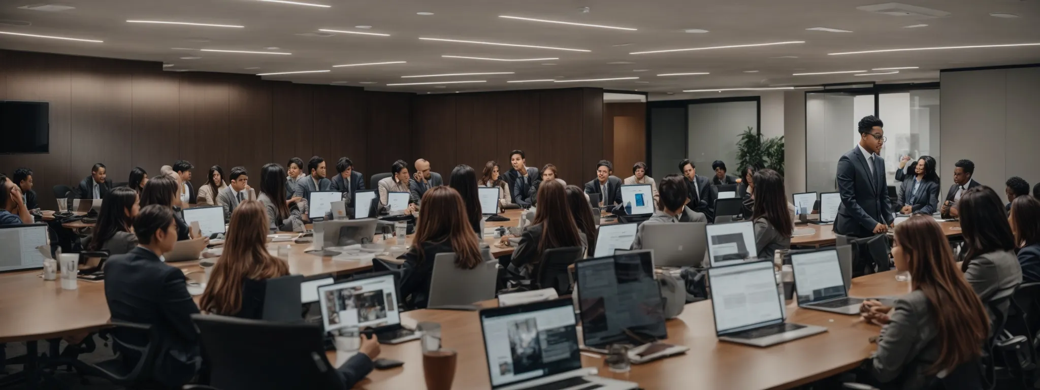 a diverse group of professionals congregates in a bright, modern conference room, engaging in lively discussions around a large table with multiple laptops open.
