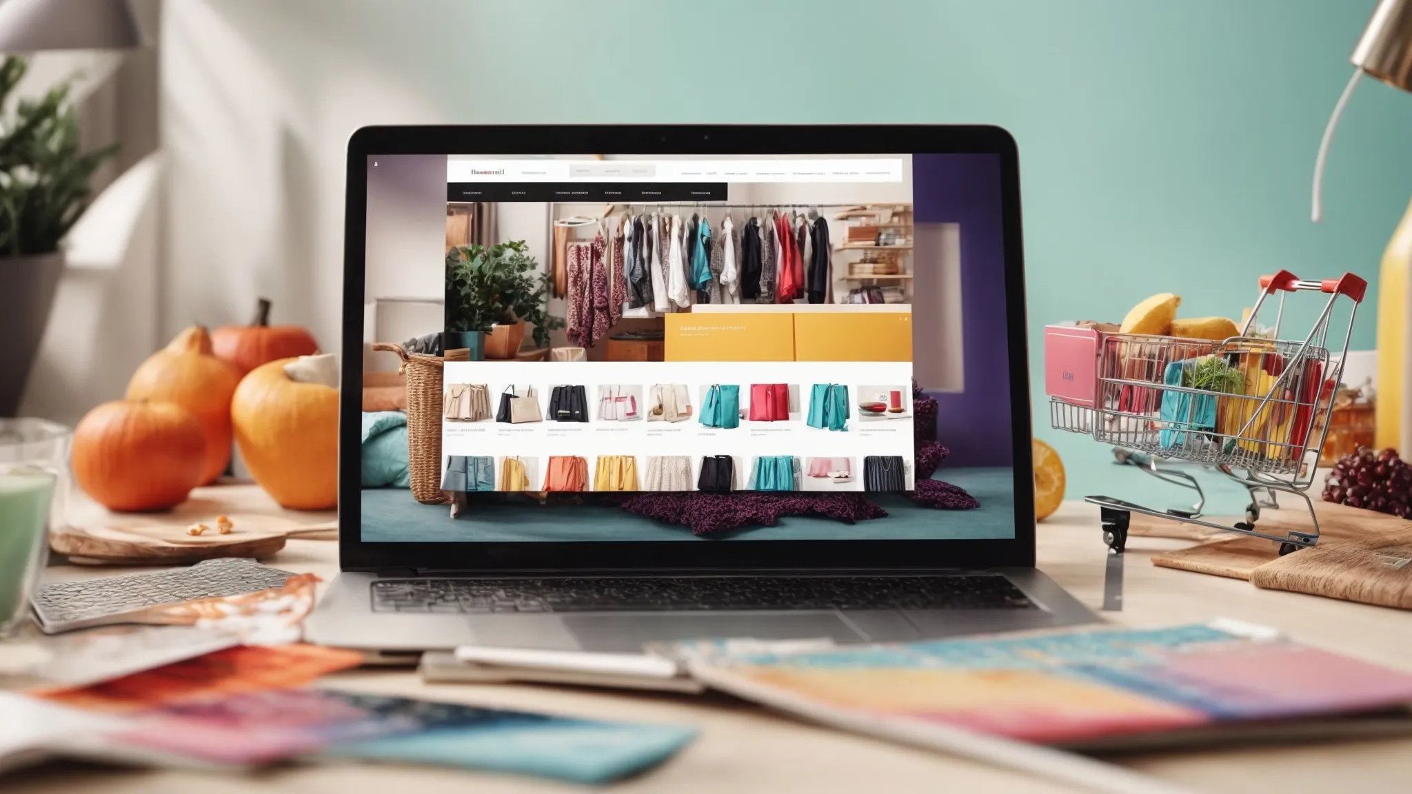 a bustling online shopping website displayed on a laptop with colorful product images and shopping cart icons.