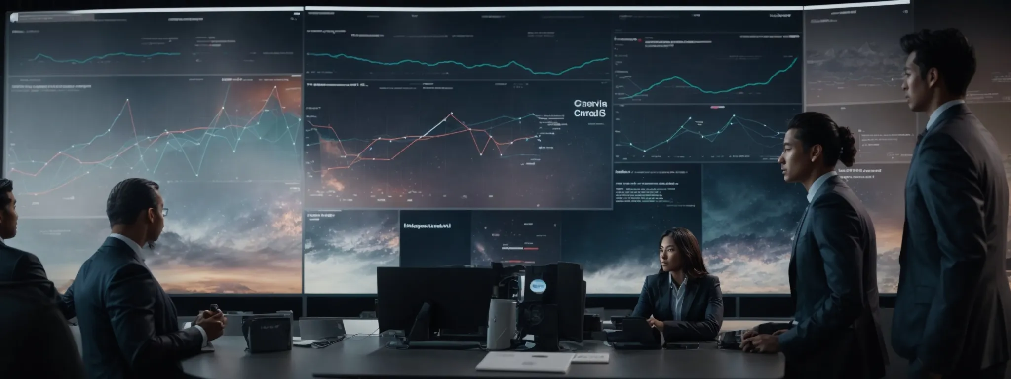 a diverse team of professionals collaborates around a large digital screen displaying performance analytics for a saas platform's multi-channel marketing campaign.