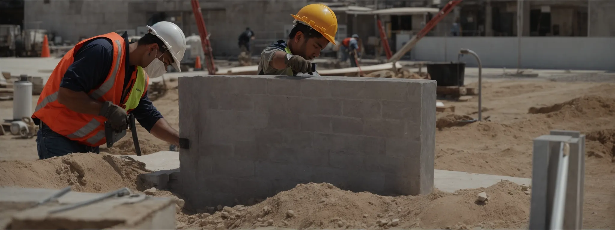 a construction worker carefully setting a cornerstone in place as others work in the background.
