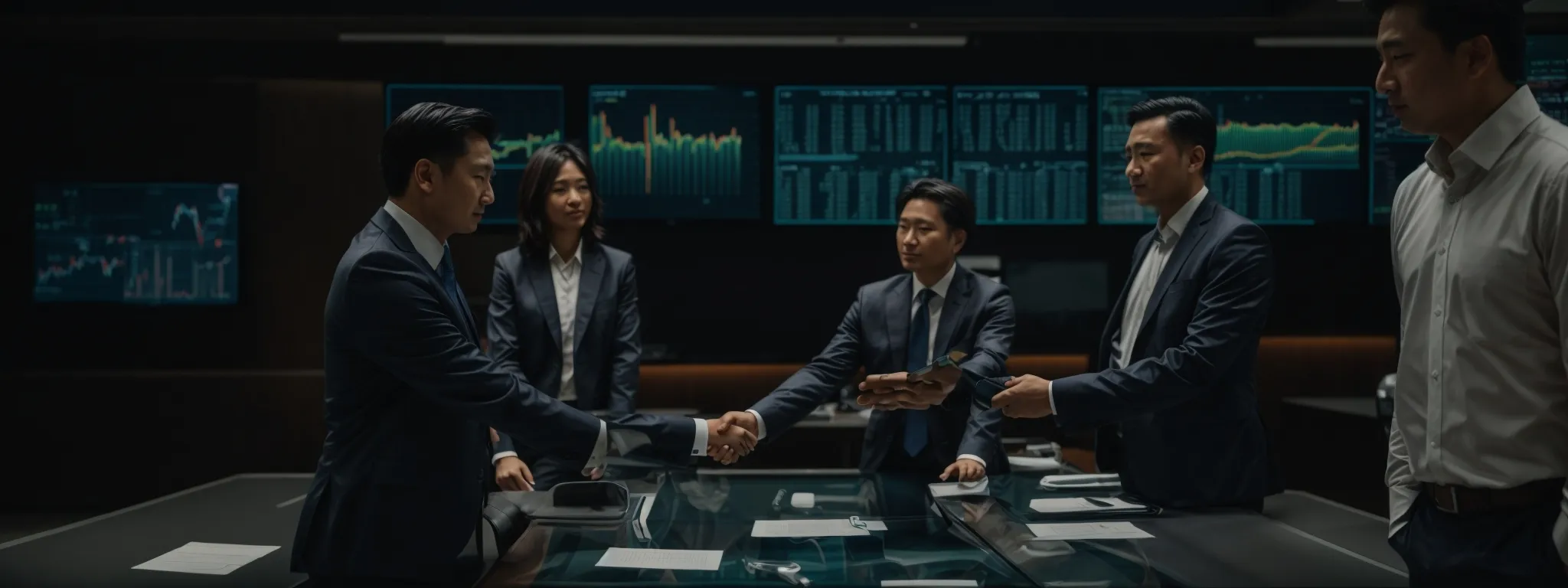 two executives shake hands over a conference table lined with graphs and market reports while a digital stock market ticker streams in the background.