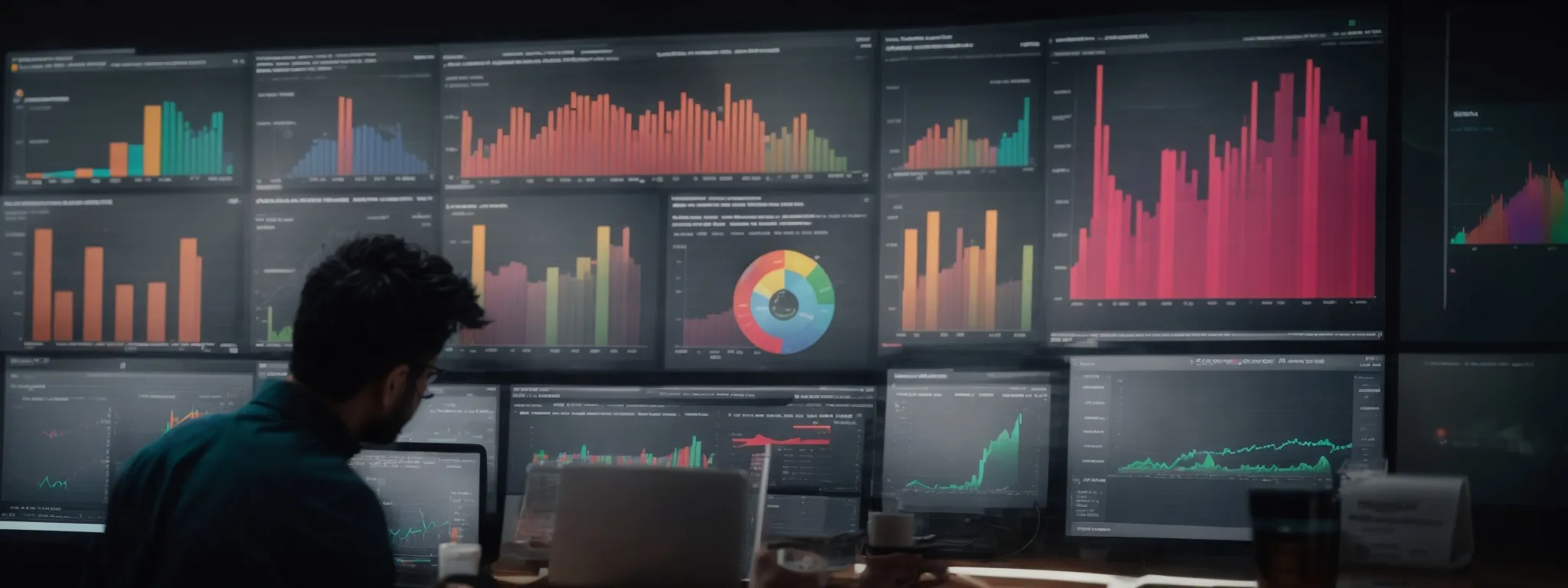a marketer reviews colorful graphs and charts on a computer dashboard reflecting website analytics trends.