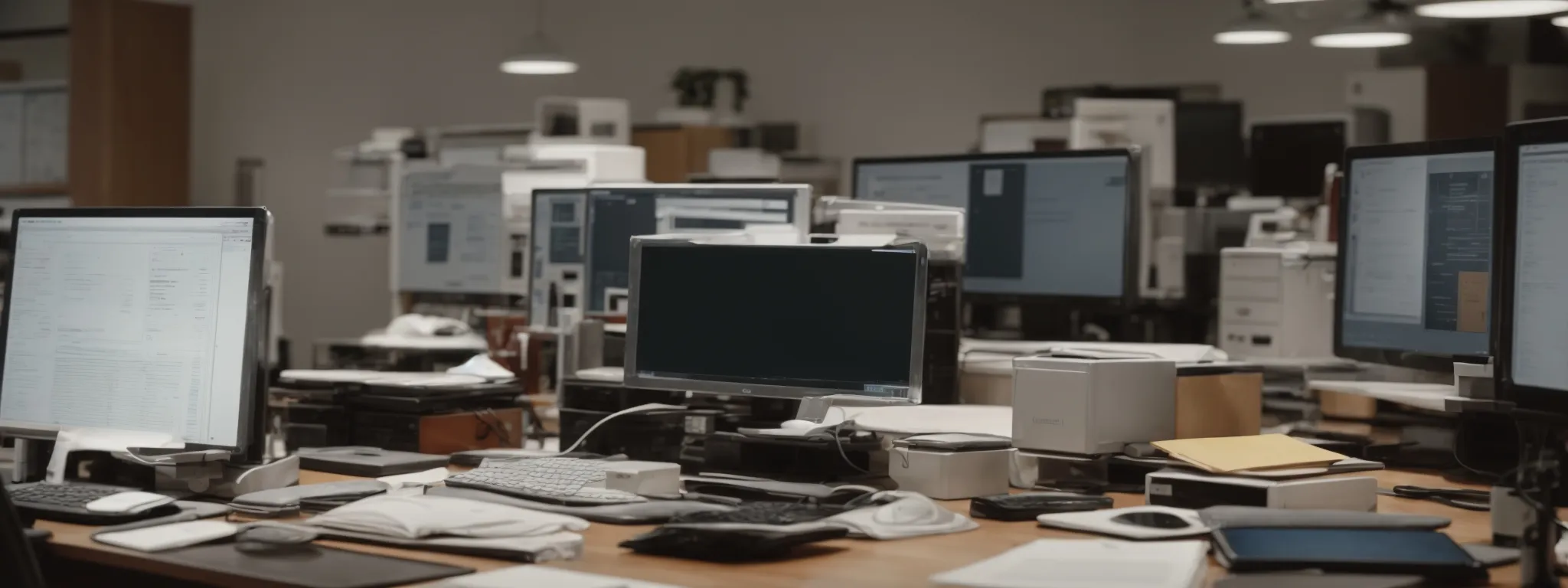 a clutter-free office space with a computer running contact management software on its screen amidst modern office supplies.
