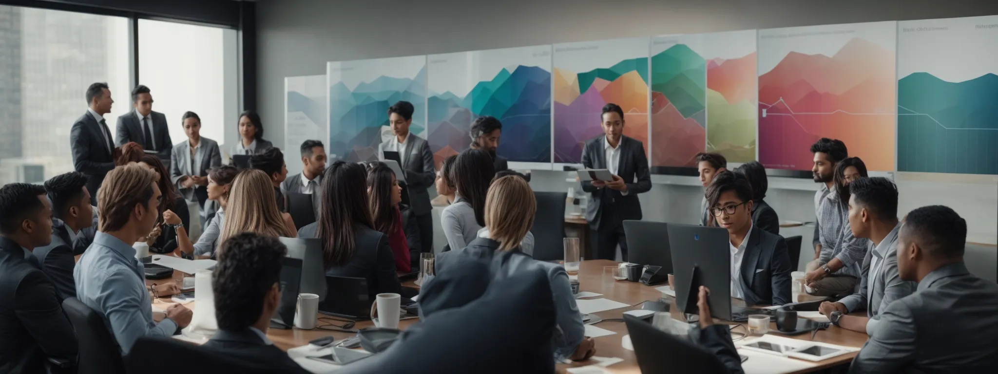 a group of professionals gathers around a conference table, focusing intently on a large screen displaying colorful graphs and digital marketing trends.