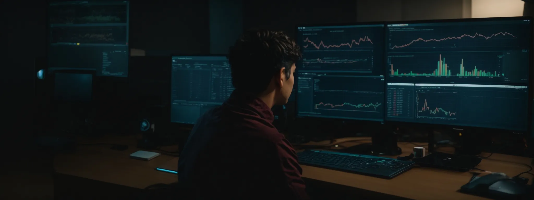 a person sits at a computer, analyzing a web analytics dashboard that shows website traffic increasing.