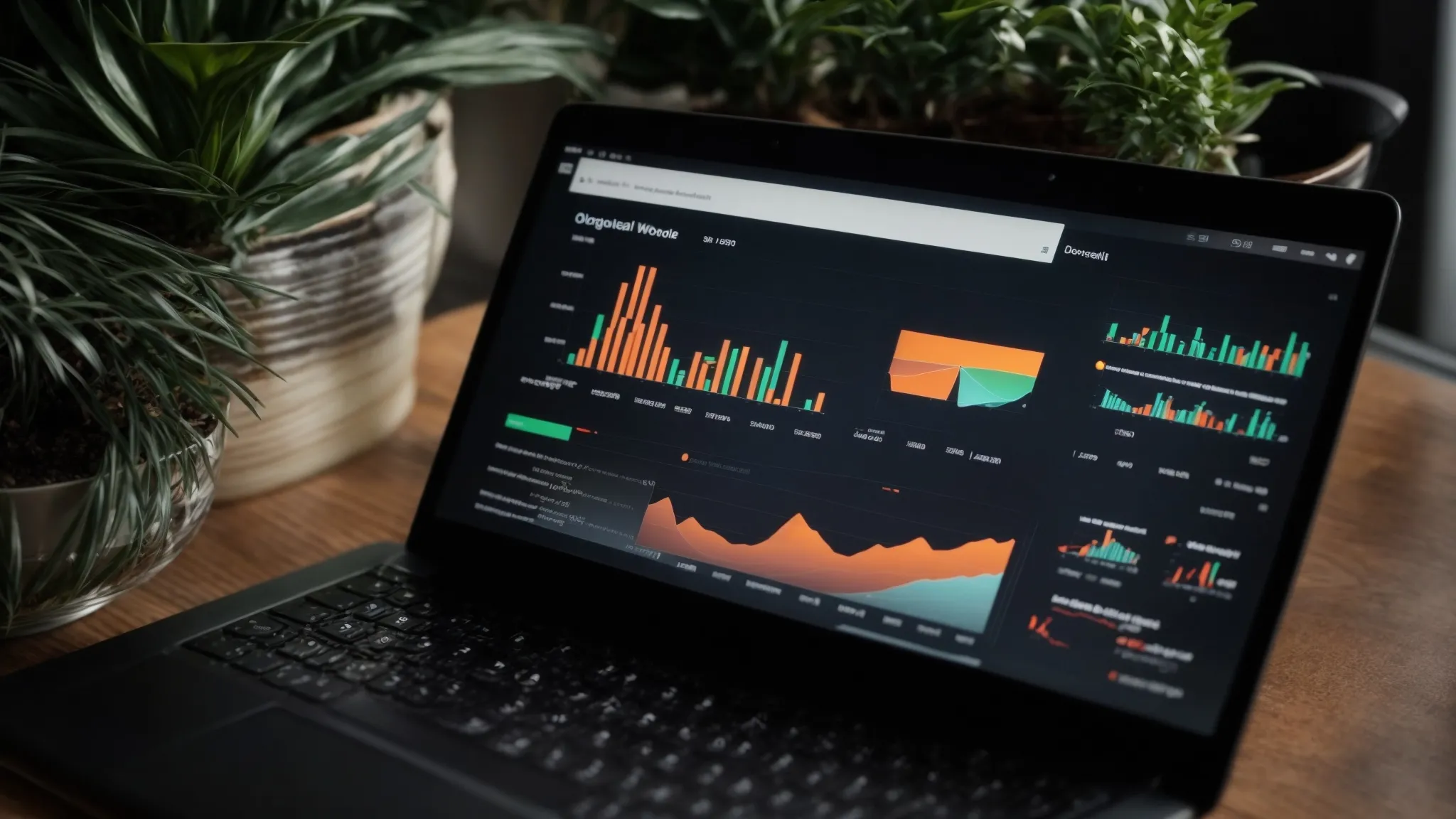 a close-up view of a laptop showing graphs and analytics on the screen, set on a wooden desk with a potted plant aside, symbolizing digital marketing analysis in action.