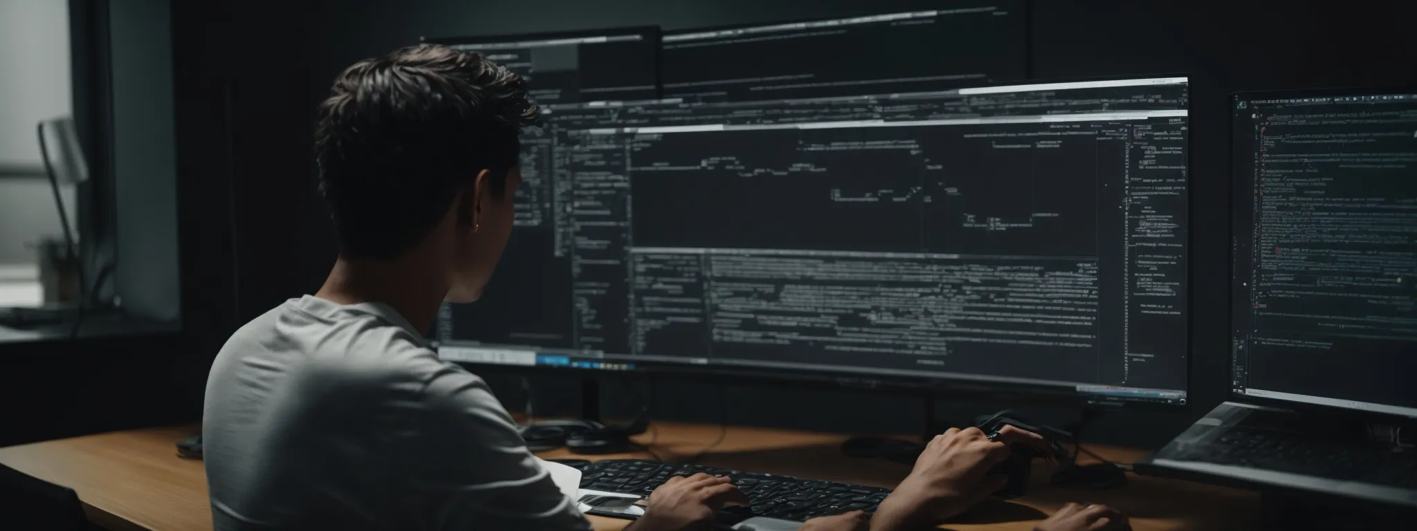 a person sitting at a sleek desk, intently working on a computer with an open code editor and a visible website layout on the screen.