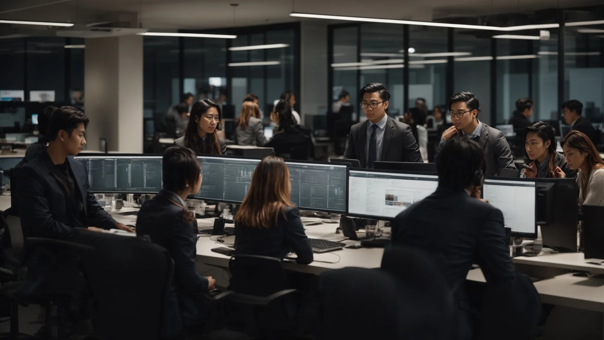 a bustling digital marketing team strategizing around a large computer screen in a modern office.