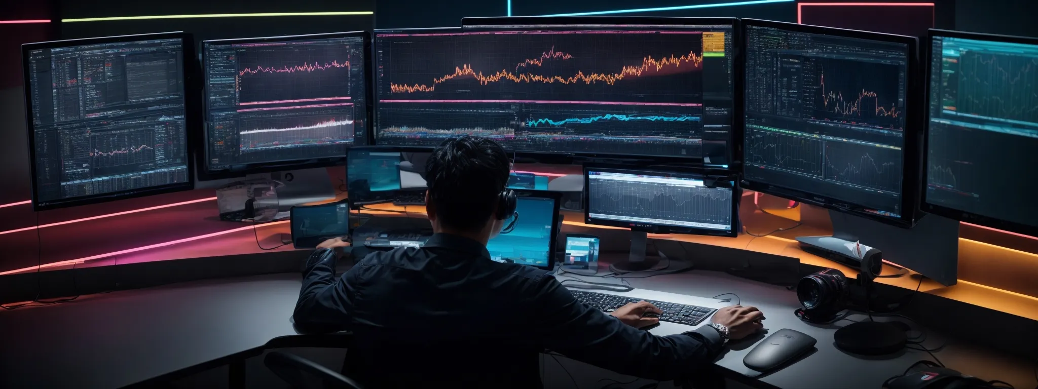 a marketer working intently at a spacious desk with dual monitors displaying colorful graphs and a video editing software interface.