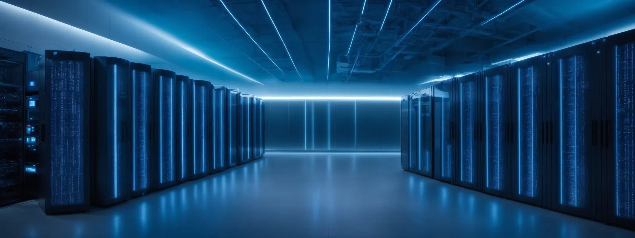 a sleek, modern data center with rows of high-tech servers emitting a soft blue glow.