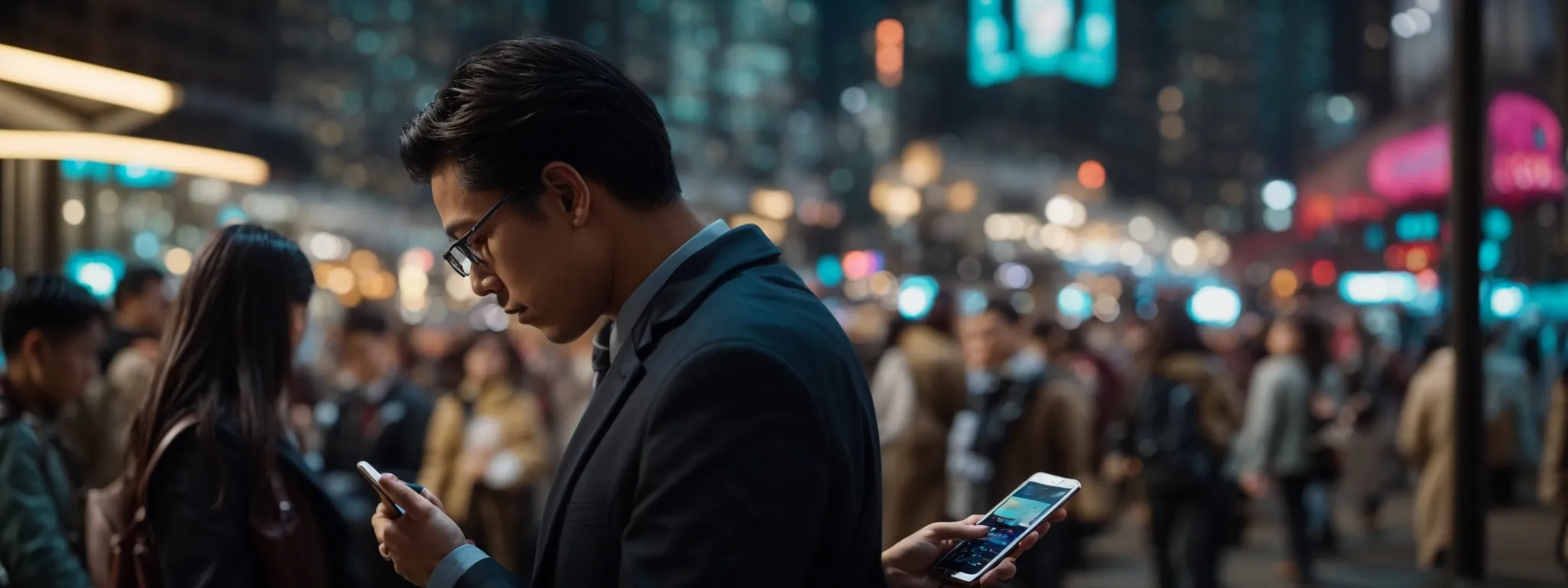 a professional analyzing data on a mobile device in a bustling urban setting.