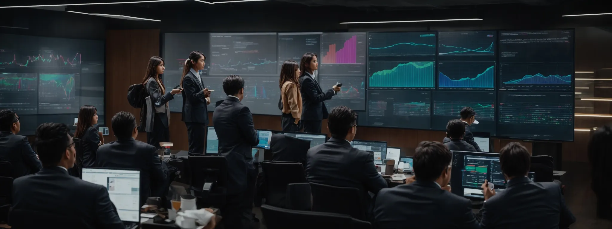 a team of professionals gathers around a large digital screen displaying colorful charts and timelines, actively engaged in a strategy session.