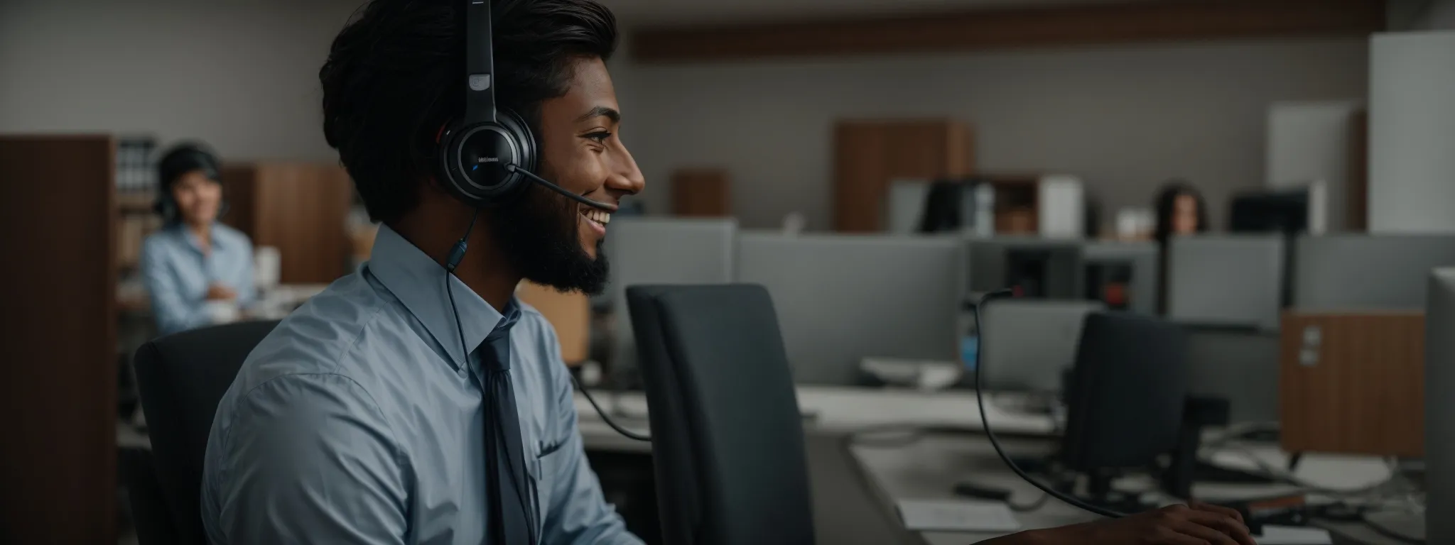 a smiling customer service representative wearing a headset sits in front of a computer in a modern office, surrounded by training manuals and welcome guides.