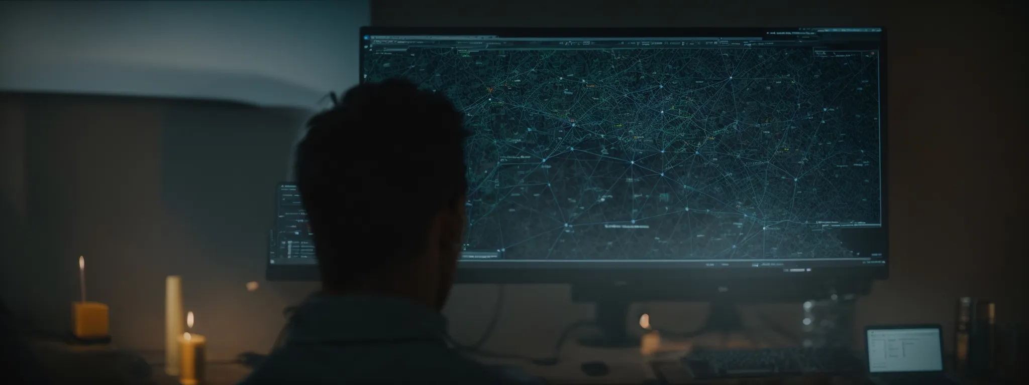 a digital marketing specialist intently observes a computer screen displaying a network map of interconnected web links.