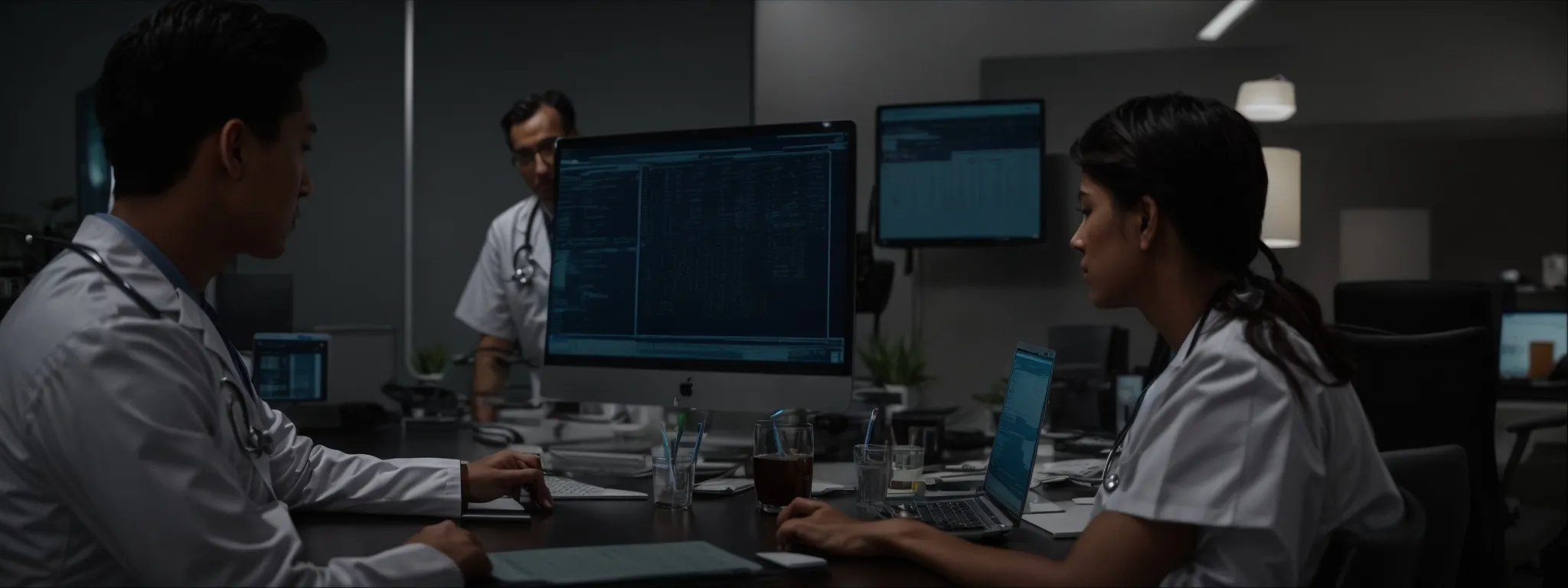 a doctor discussing strategies with a team around a computer in a modern office setting.