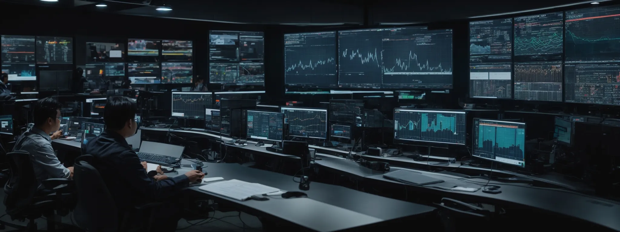 a bustling digital command center where technicians monitor a wall of screens showcasing real-time website analytics.