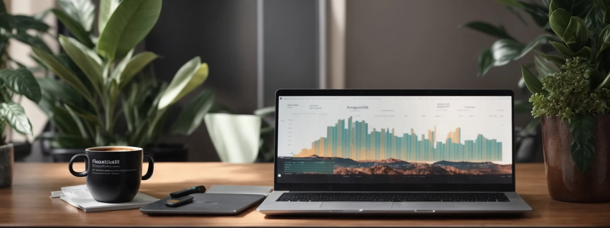 a sleek laptop displaying vibrant analytics graphs on a polished desk flanked by a potted succulent and a steaming coffee cup.