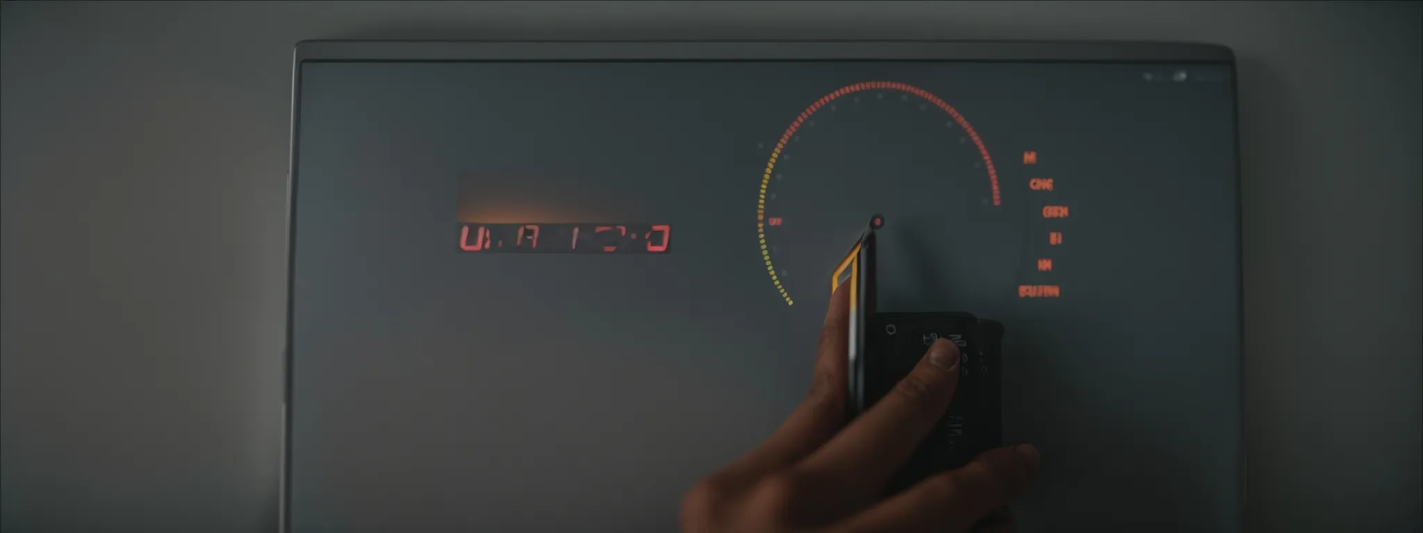 a person tapping a stopwatch on a computer screen displaying a loading bar.