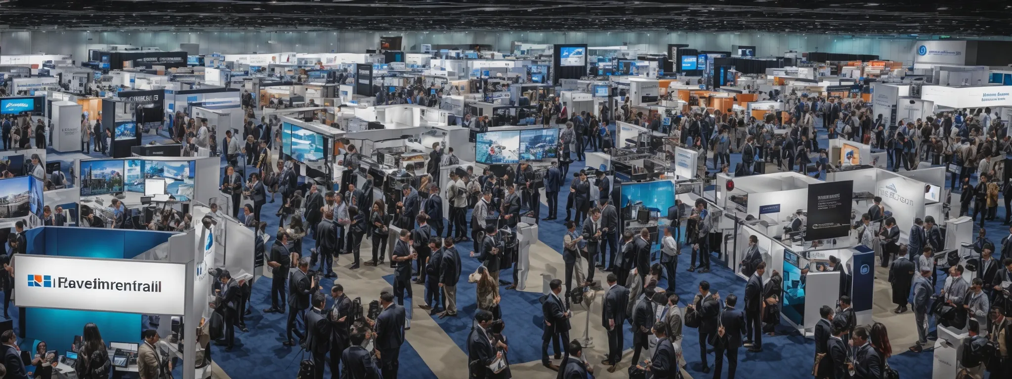 a panoramic view of a bustling tech expo floor with diverse interactive booths focused on digital marketing solutions.