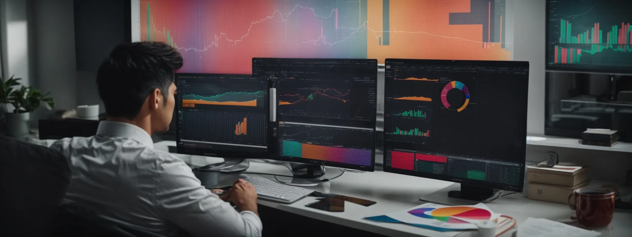 a marketer reviewing colorful graphs and charts on a computer screen to optimize local seo strategies.
