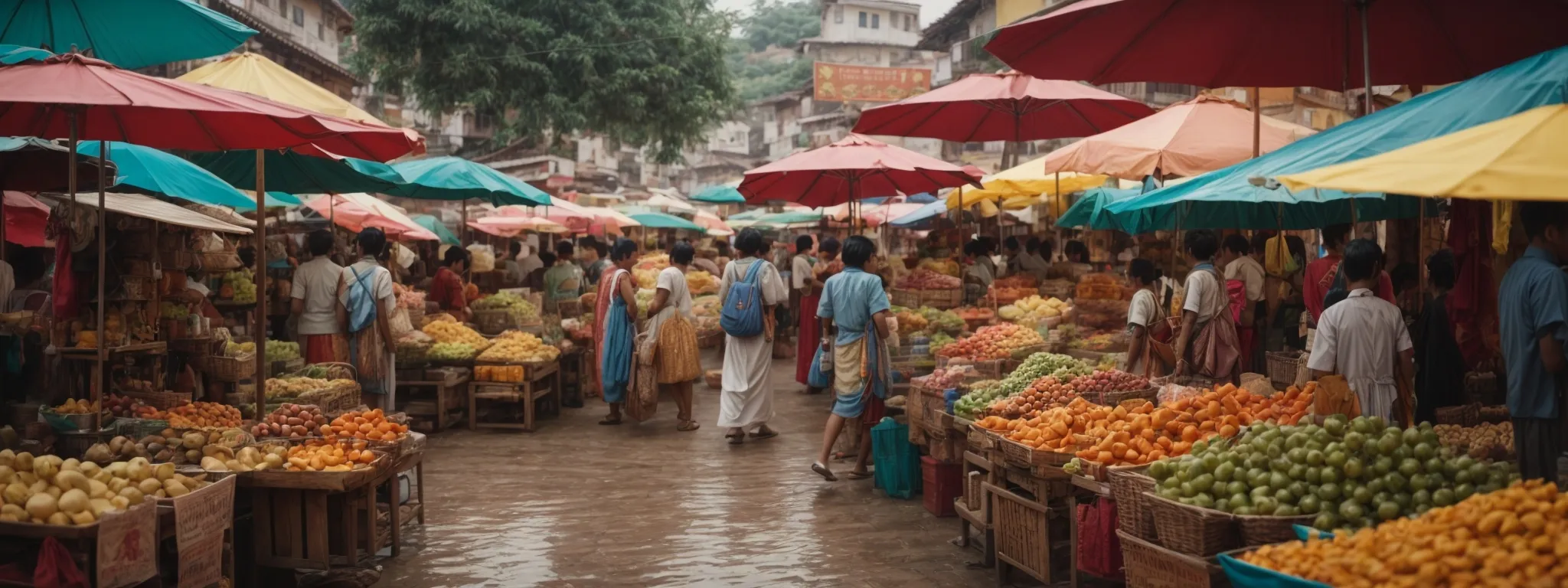 a picturesque market scene bustling with local products and vendors under a canopy of colorful umbrellas.