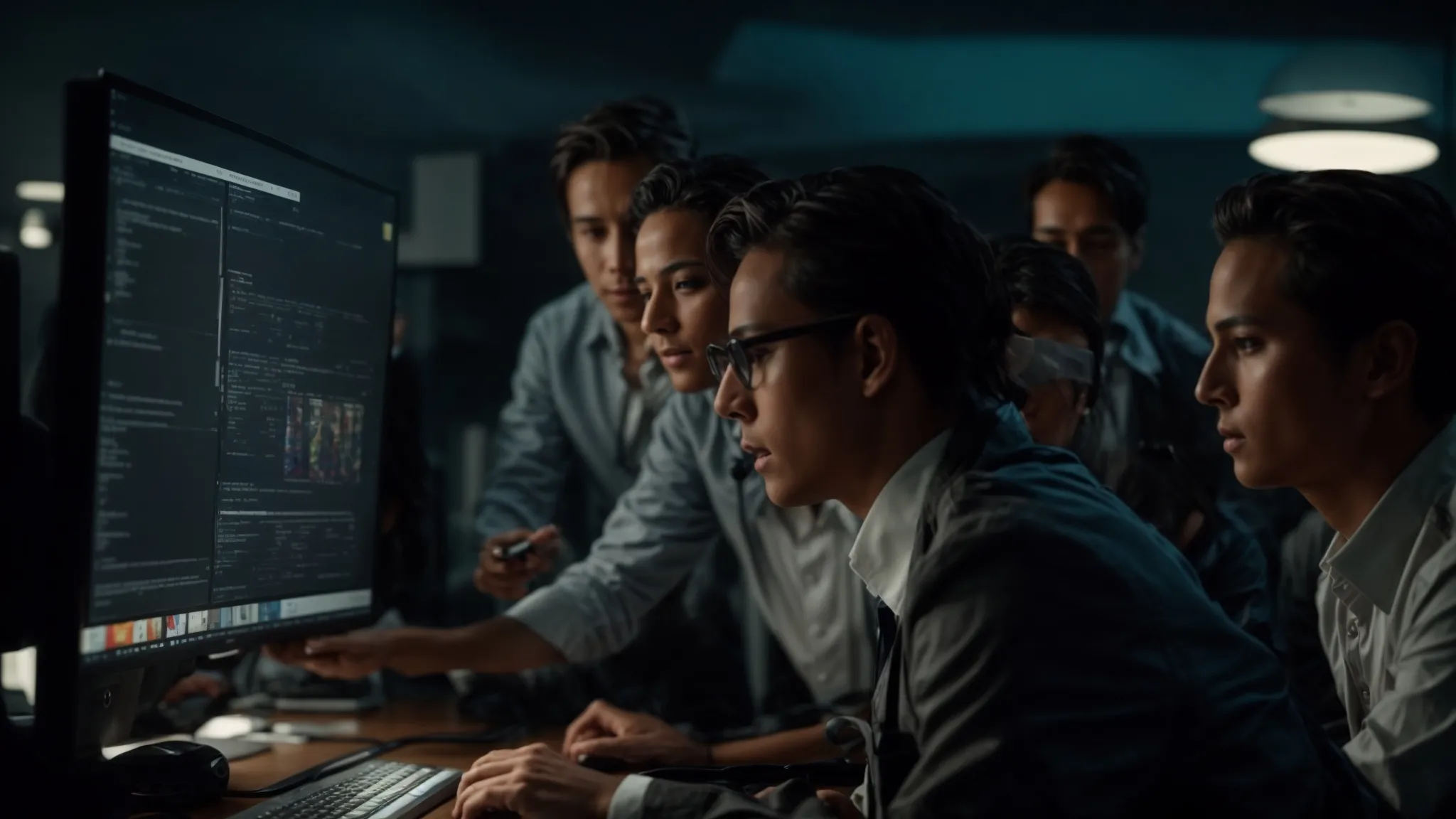 a group of professionals gathered around a computer, discussing strategies shown on the screen.
