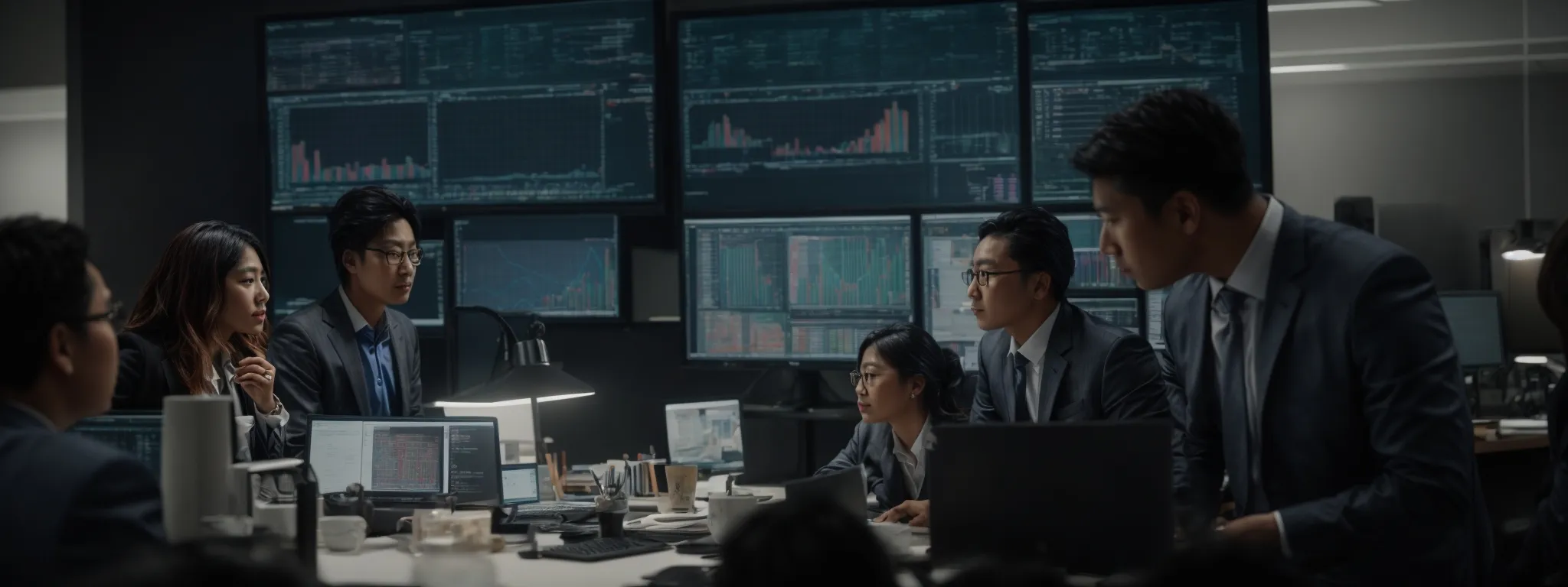 a diverse group of professionals gathered around a large computer monitor, analyzing graphs and strategy documents.