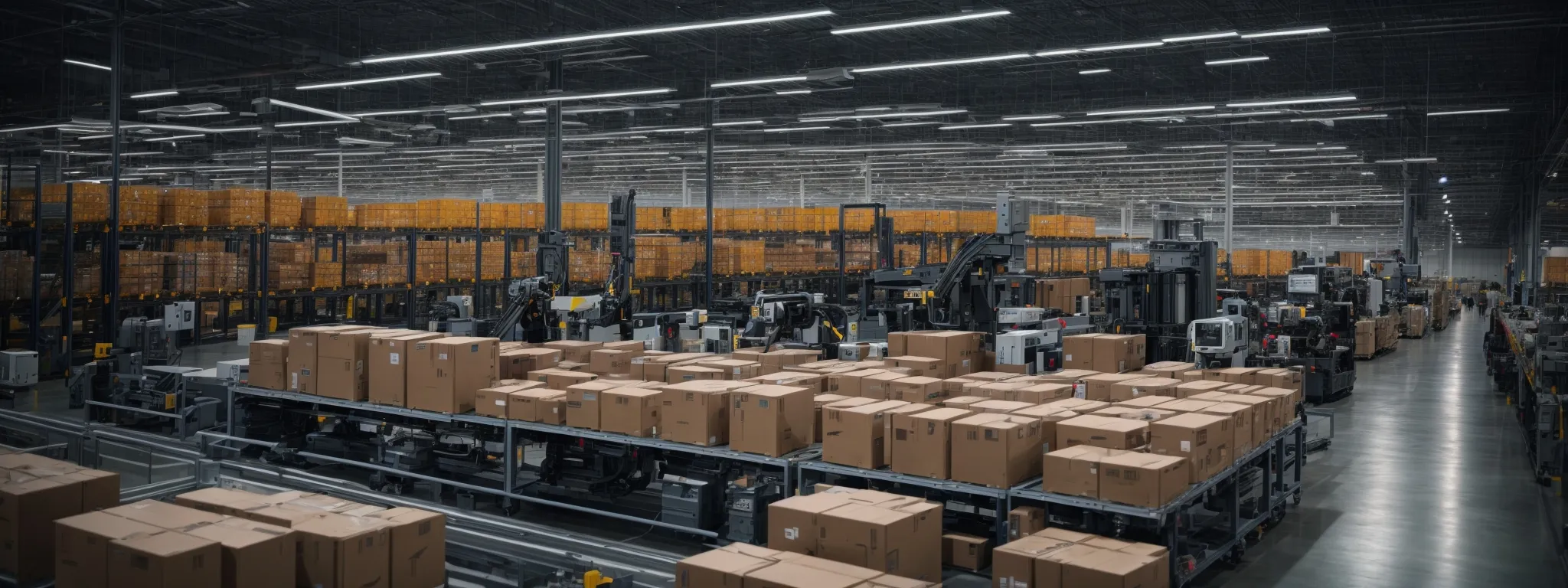 an expansive amazon warehouse with rows of packages being sorted by robotic arms under the watchful eye of a central ai system's digital interface.