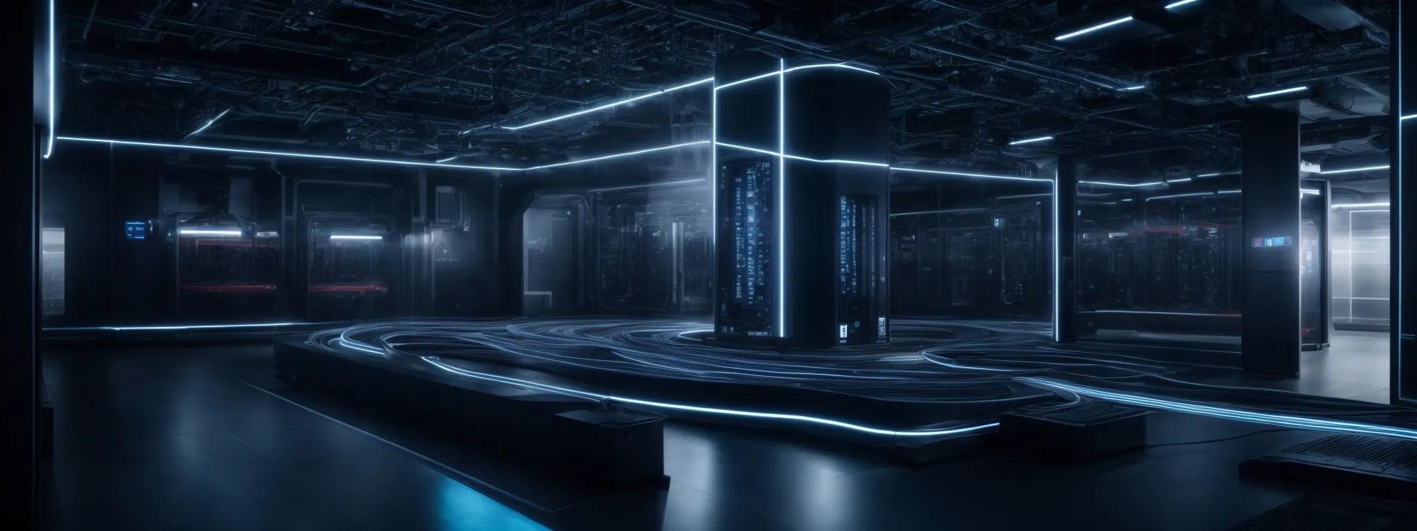 a sleek futuristic data center with glowing lights and fiber-optic cables representing high-speed internet connectivity.