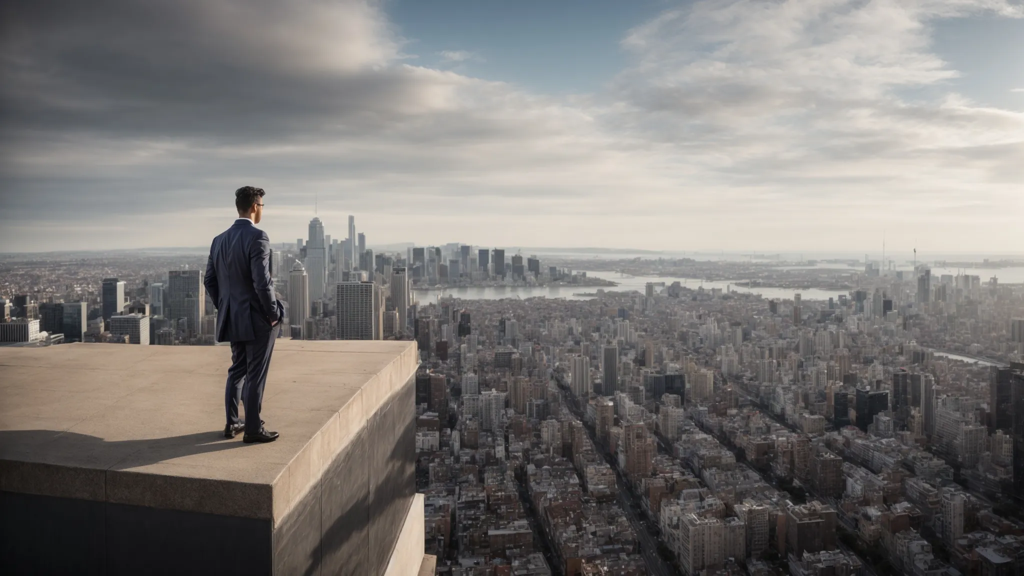 a confident marketer overlooks a panoramic cityscape, symbolizing mastery over the digital marketing landscape.