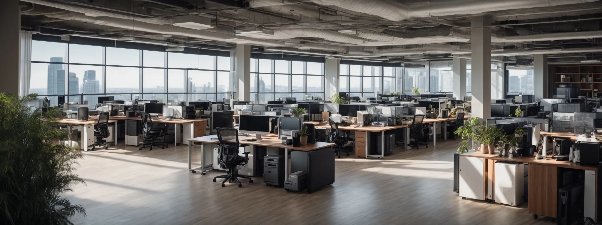 a panoramic view of a modern workplace with a large open-plan office brimming with computer workstations set up to manage a centralized digital content hub.