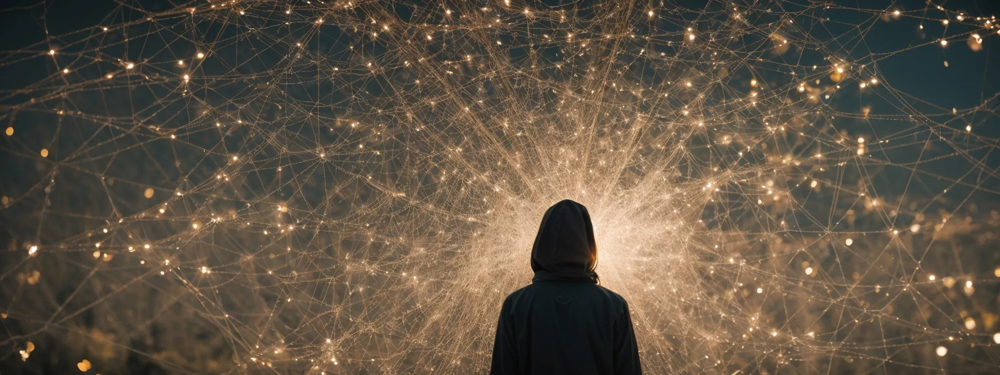 a person examines a complex web of interconnected nodes, symbolizing a website's structure optimized for search engines.