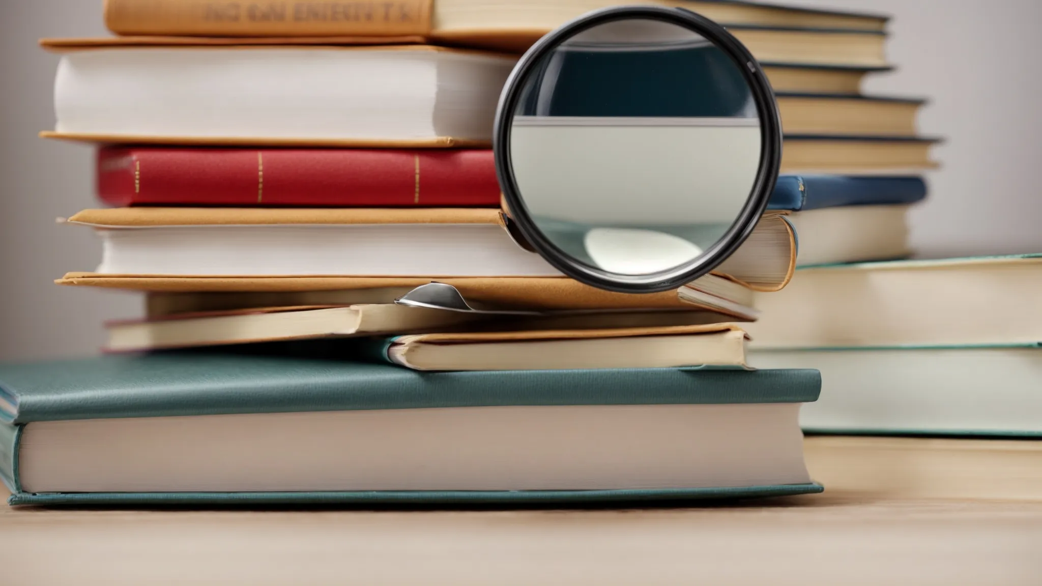 a stack of colorful, thick books beside a magnifying glass resting on a white desk.