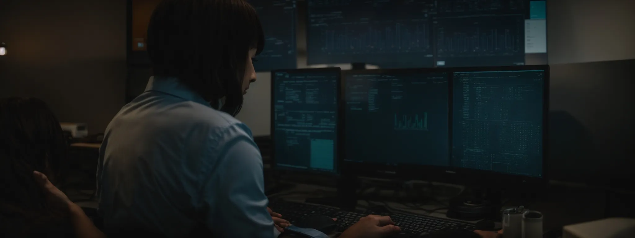 a marketing professional intently analyzes data on a computer screen, strategizing content seo optimization.