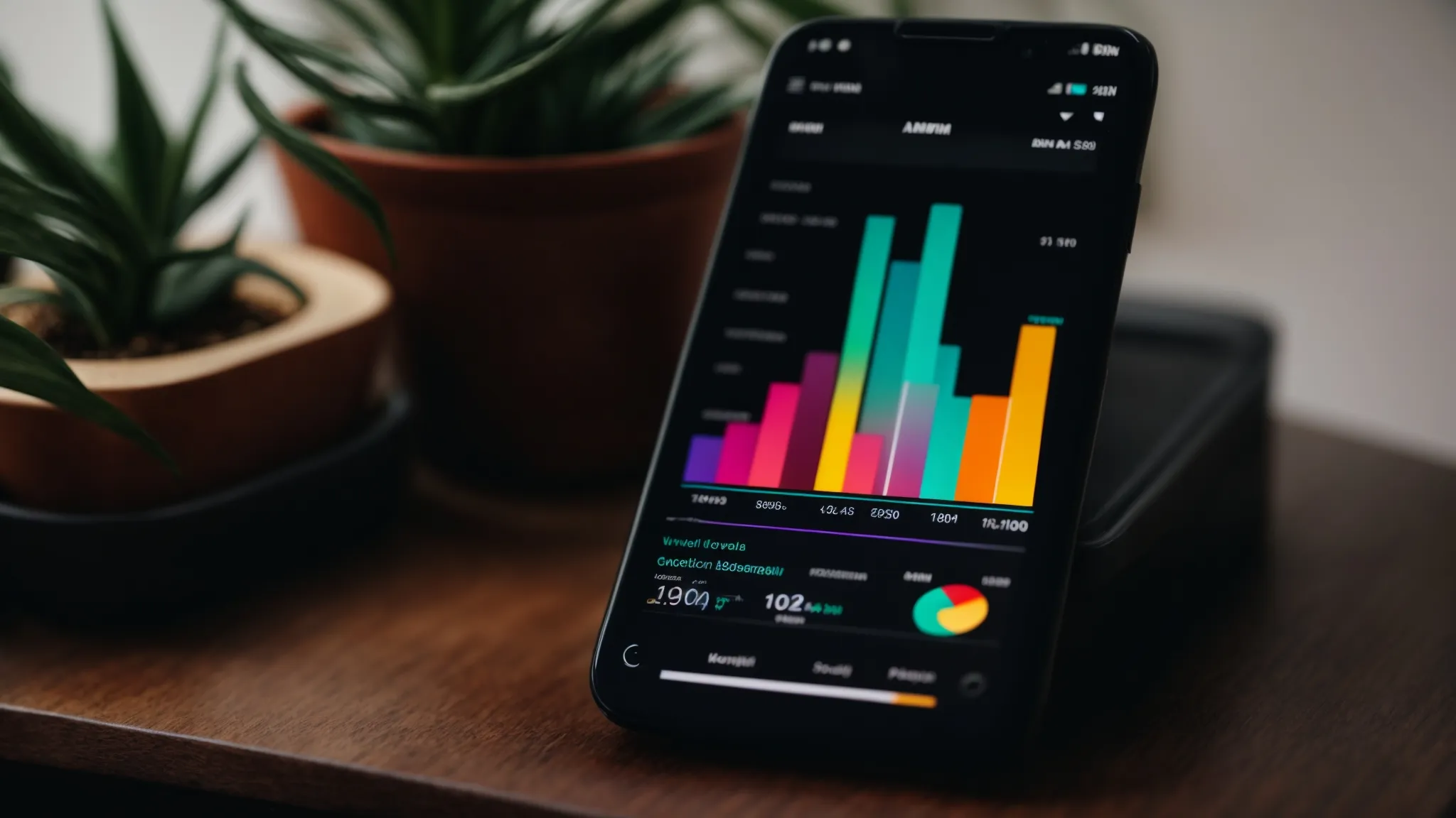 a smartphone displaying colorful graphs and analytics on its screen, resting on a desk beside a potted plant.
