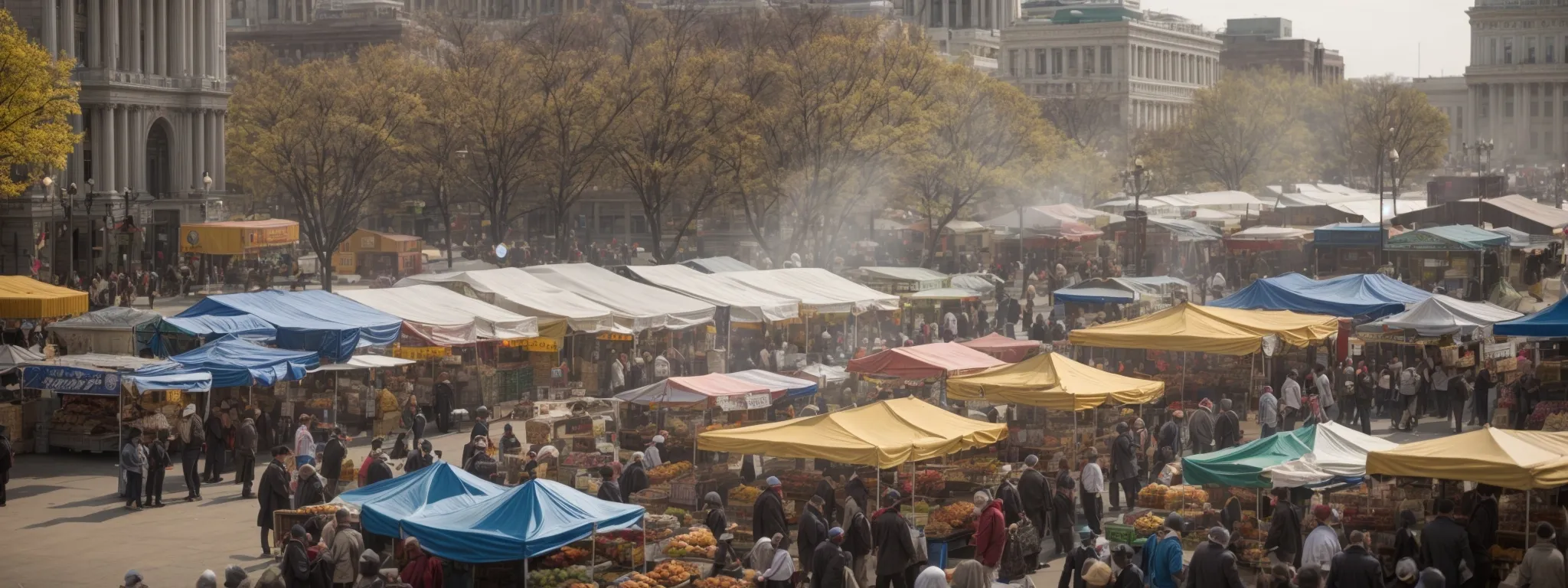 a lively local market buzzes with activity against the backdrop of the iconic pennsylvania state capitol in harrisburg.