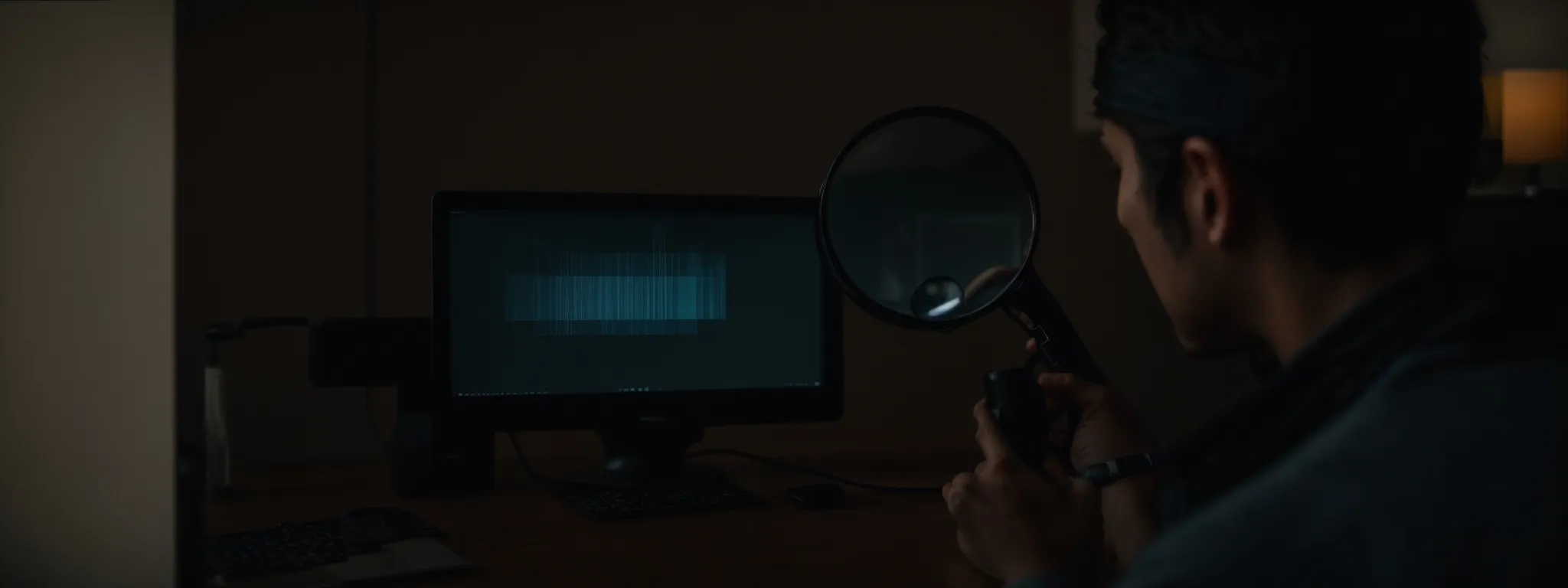 a detective peering through a large magnifying glass toward a computer screen displaying a search bar.