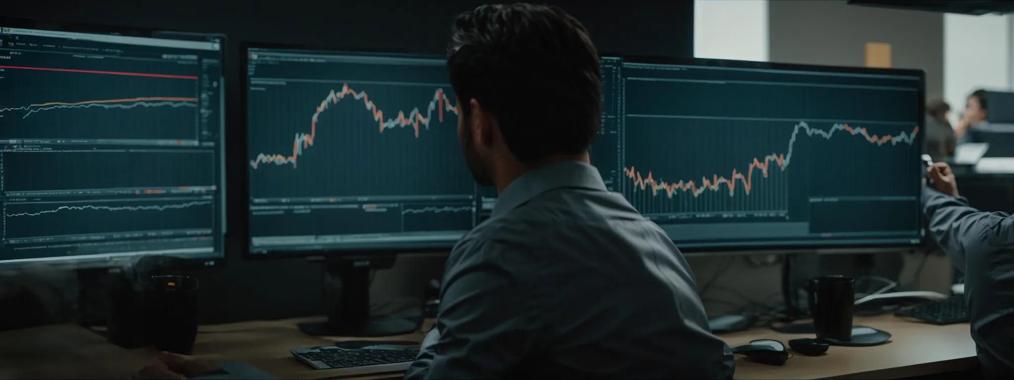 a dynamic marketing team analyzes real-time search trend graphs on a computer monitor in a modern office.