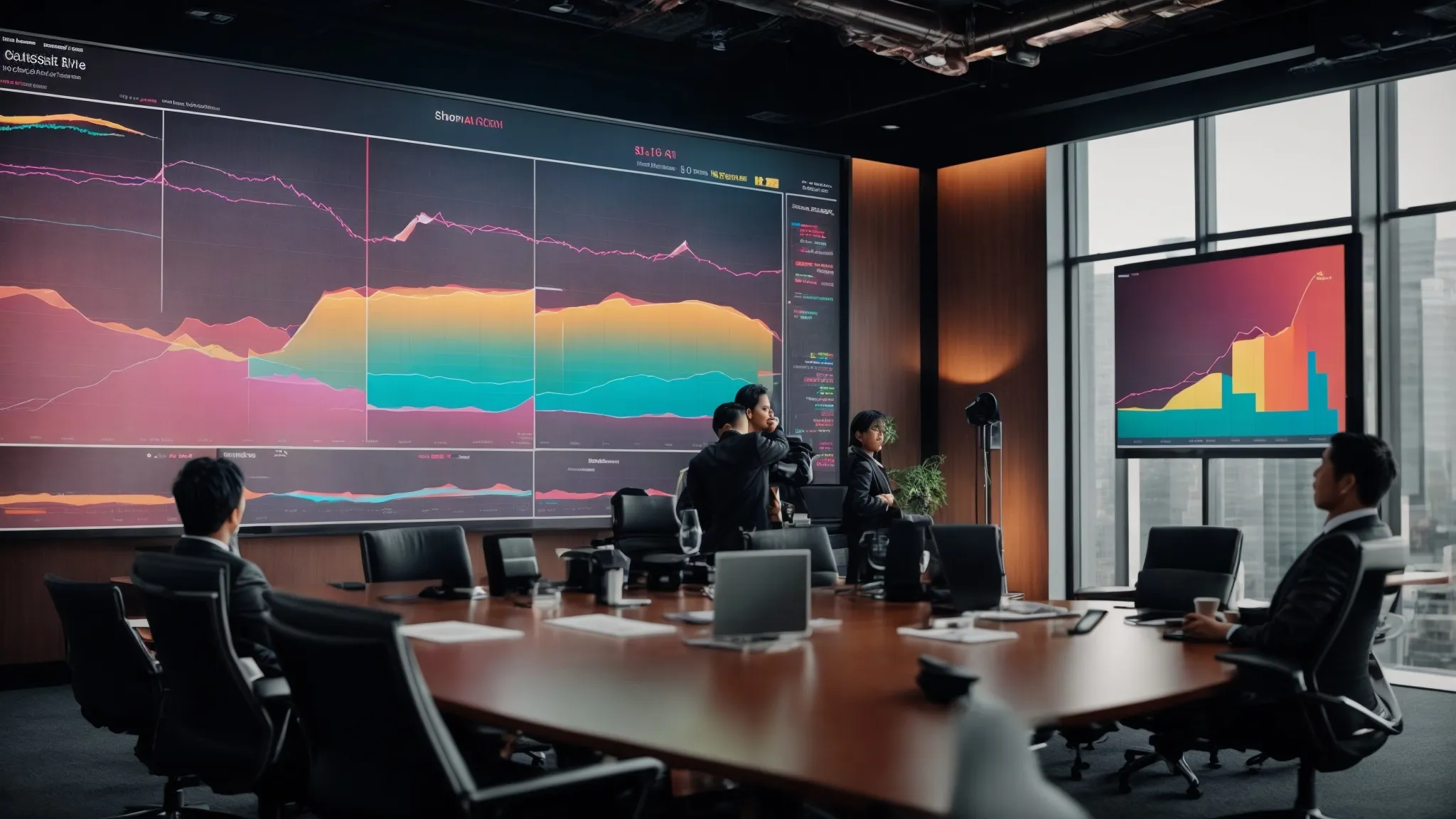a conference room with a large screen displaying colorful graphs and charts during a digital marketing strategy meeting.