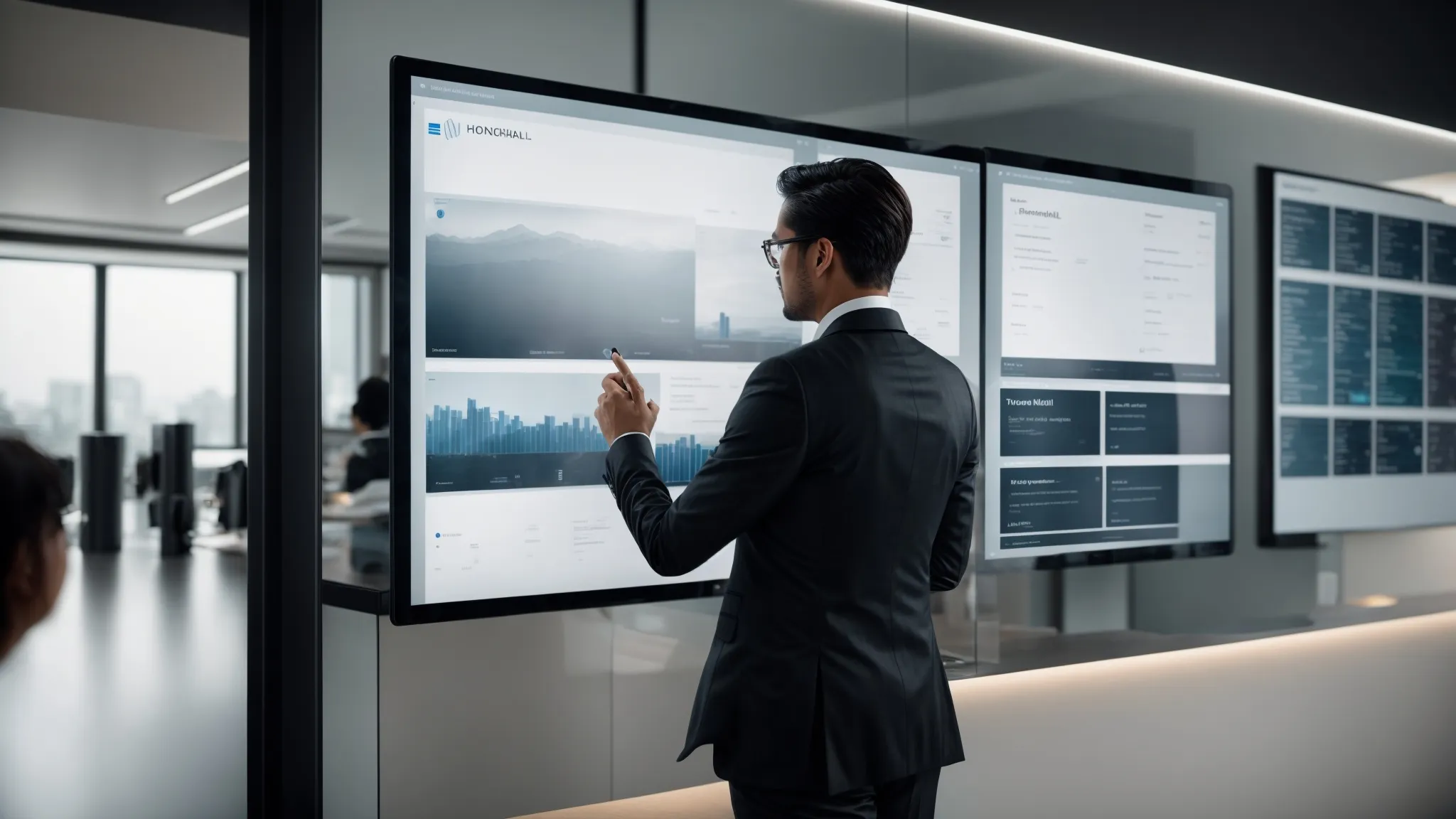 a business professional interacts with a sleek, modern interface displaying organized contact information on a large touchscreen monitor in a bright office.