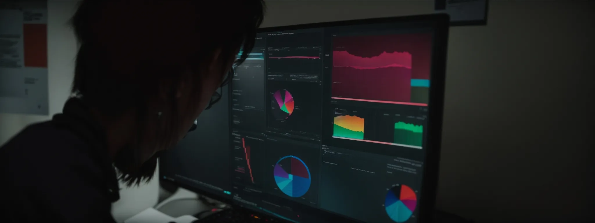 a digital marketer analyzes a multicolored pie chart on a computer screen, strategizing for diverse market segments.