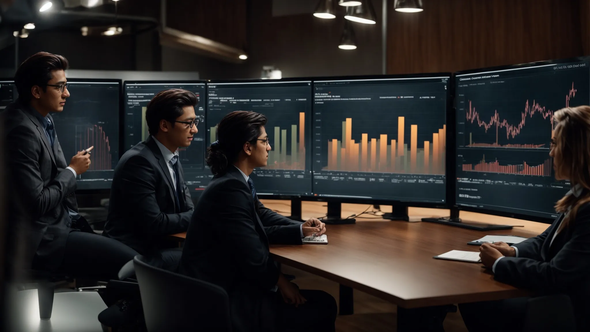 a group of marketing professionals discussing around a table with a large monitor displaying analytics graphs and charts.