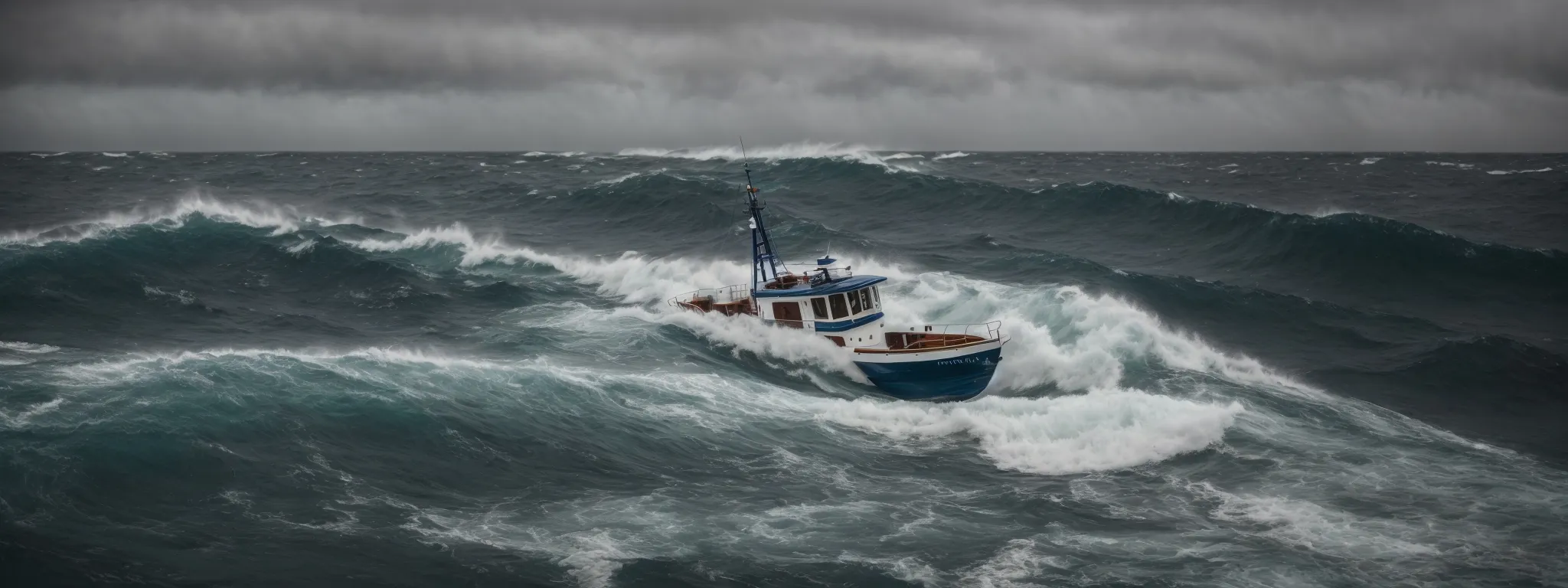 a small boat navigating large, rough ocean waves under stormy skies.