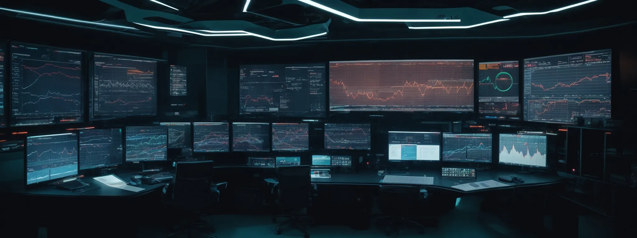 a futuristic control room with screens displaying graphs and data analytics to symbolize strategy in digital marketing.
