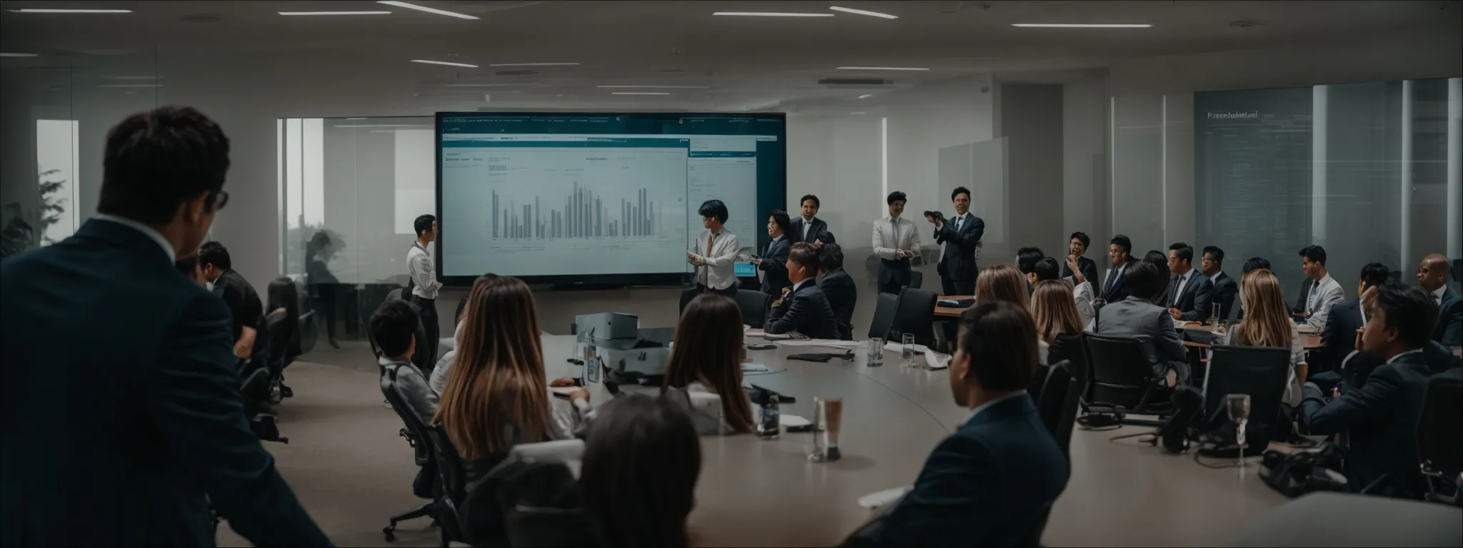 a broad conference room with professionals gathered around a screen displaying a graph of trending keywords.