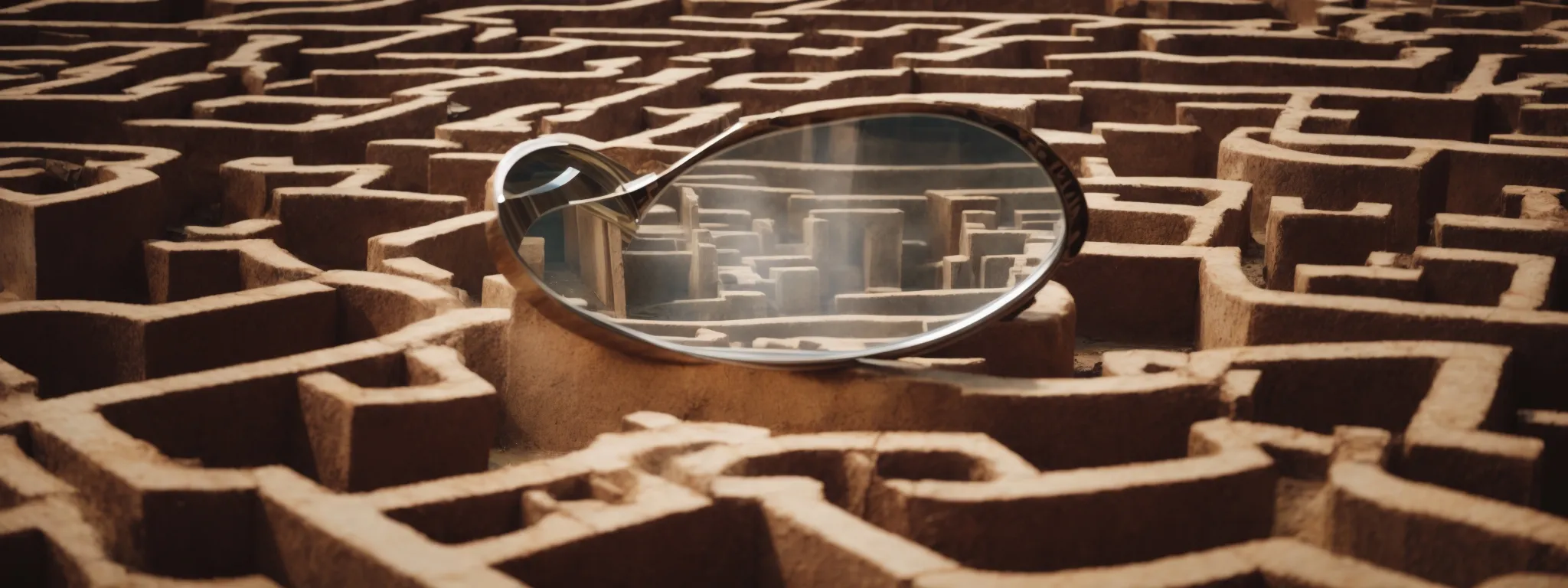 a magnifying glass hovers over a complex labyrinth, symbolizing the scrutiny of seo guarantees.