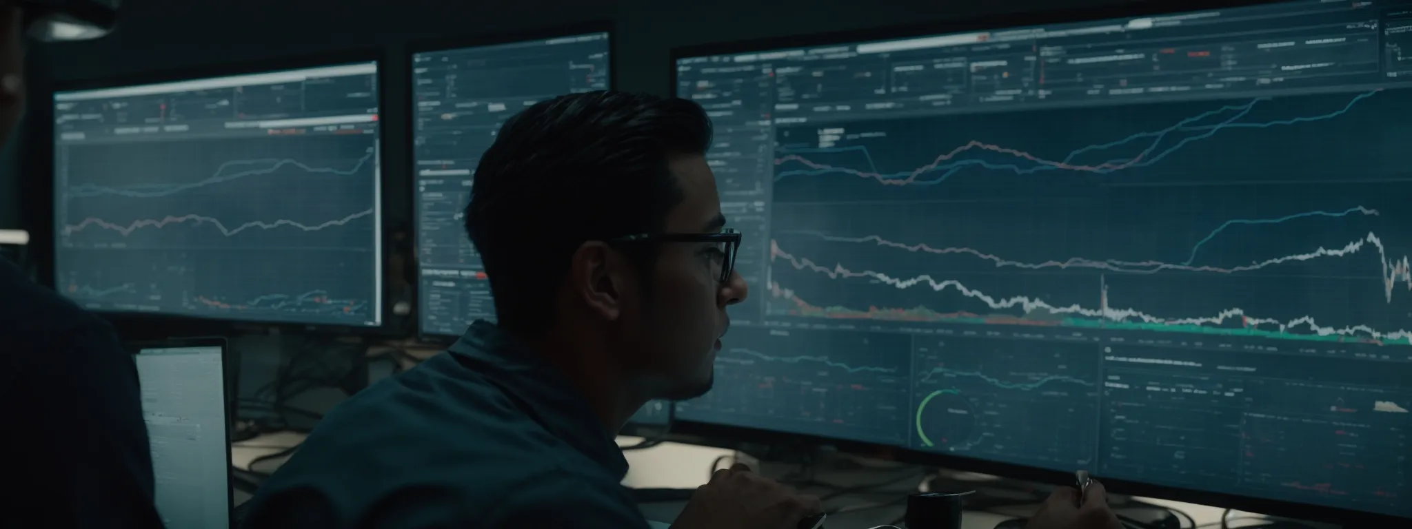 a data analyst intently scrutinizes a complex dashboard with fluctuating analytics graphs and charts indicative of seo performance.