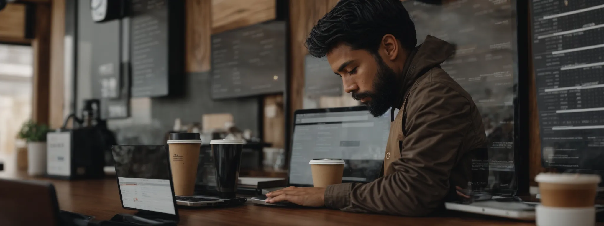 a local coffee shop owner browses an analytics dashboard on a laptop, highlighting the visibility of his business in local online search results.